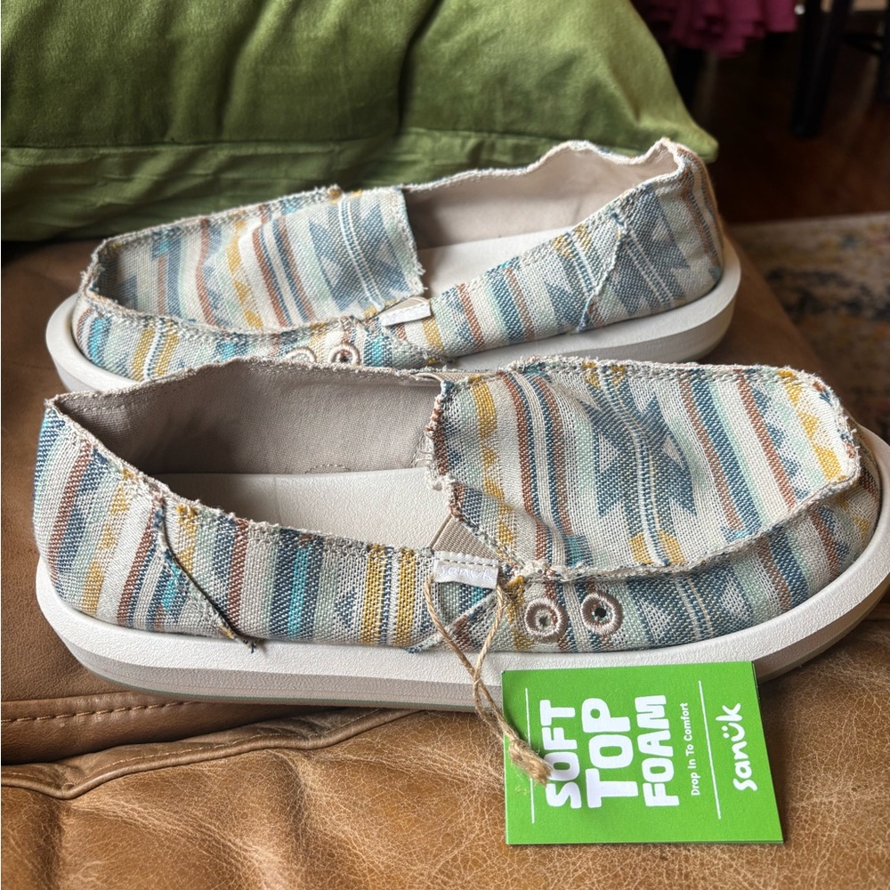 Sanuk Womens Blue and Yellow Slippers Casual Comfort